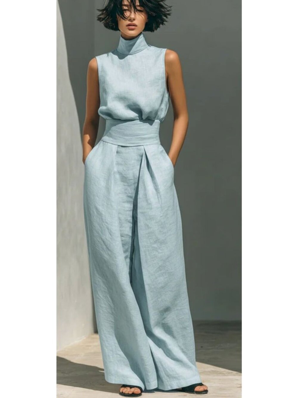 NWT Modesees Minimalist Cotton Linen Sleeveless Blouse And Wide-leg Pants Set XS